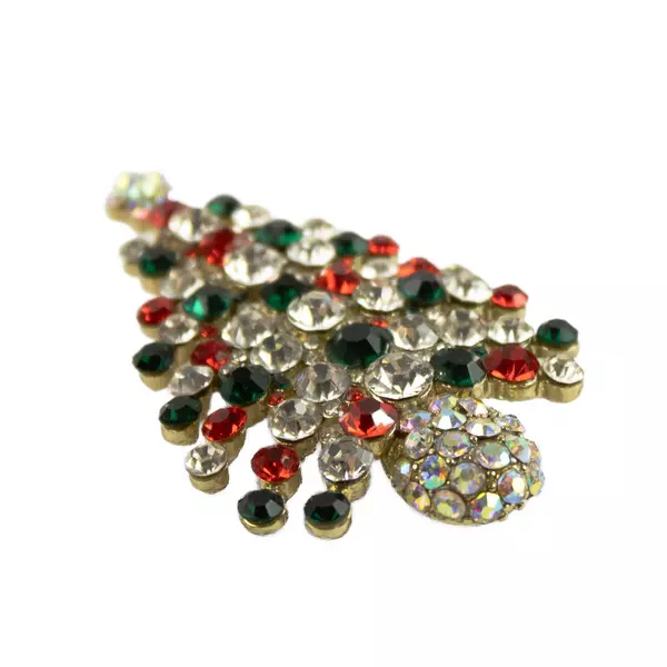 Vintage Rhinestone Christmas Tree Brooch Red Green Clear Crystals Pin