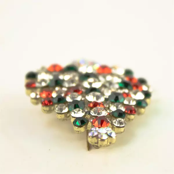 Vintage Rhinestone Christmas Tree Brooch Red Green Clear Crystals Pin