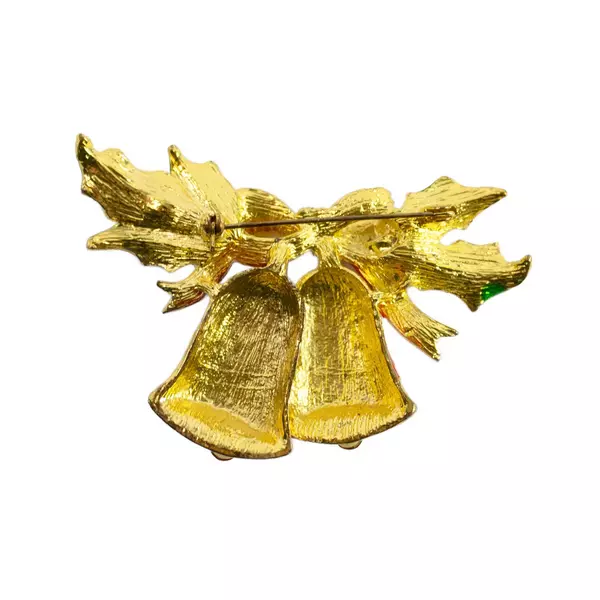 Gold Tone Bell Christmas Pin Brooch Red & Green Enamel Holiday Brooch