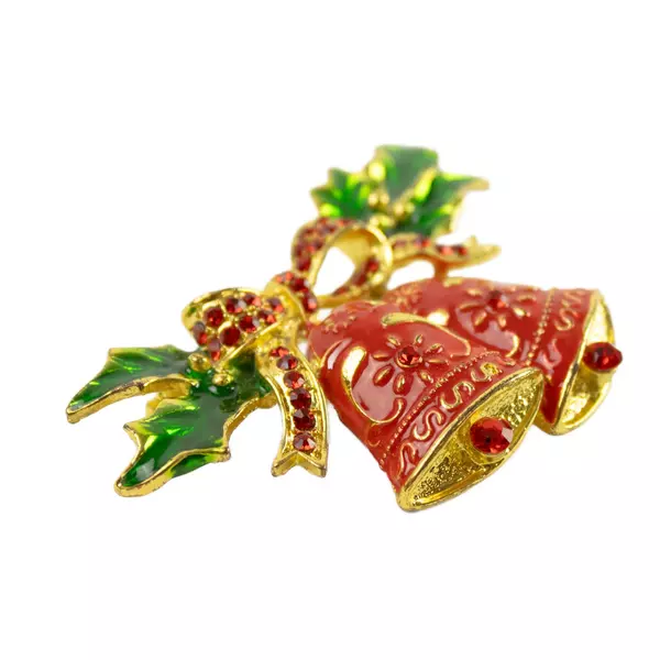 Gold Tone Bell Christmas Pin Brooch Red & Green Enamel Holiday Brooch