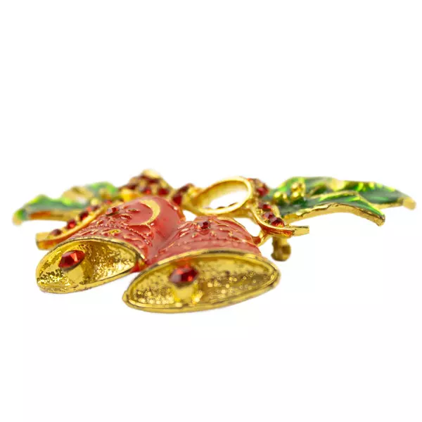 Gold Tone Bell Christmas Pin Brooch Red & Green Enamel Holiday Brooch