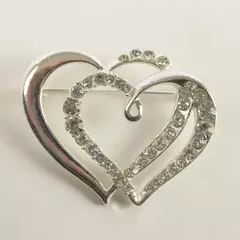 Vintage Silver-Tone Double Interlocked Hearts Rhinestone Brooch Pin