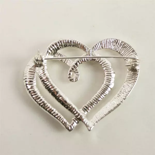 Vintage Silver-Tone Double Interlocked Hearts Rhinestone Brooch Pin