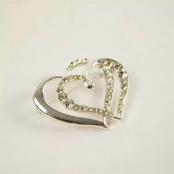 Vintage Silver-Tone Double Interlocked Hearts Rhinestone Brooch Pin