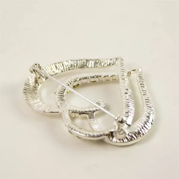 Vintage Silver-Tone Double Interlocked Hearts Rhinestone Brooch Pin
