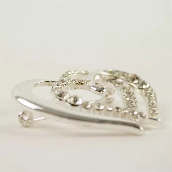 Vintage Silver-Tone Double Interlocked Hearts Rhinestone Brooch Pin