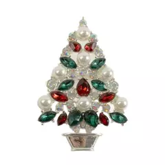 Silver-Tone Christmas Tree Brooch Red & Green Rhinestones Faux Pearls