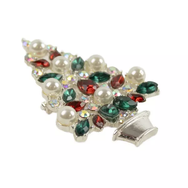 Silver-Tone Christmas Tree Brooch Red & Green Rhinestones Faux Pearls