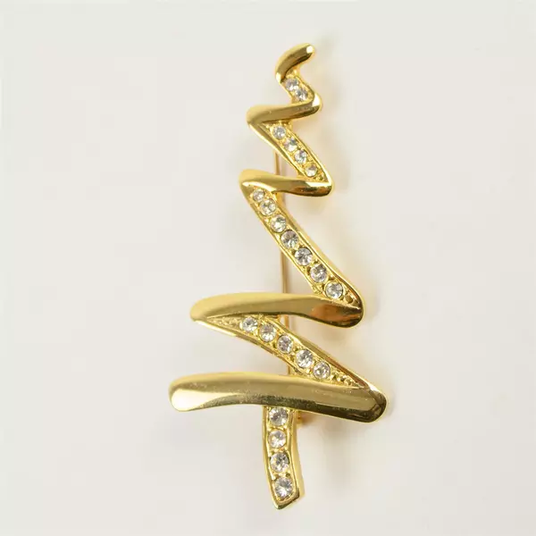 Vintage MONET Christmas Tree Brooch Clear Rhinestones Gold-Tone Large Zigzag