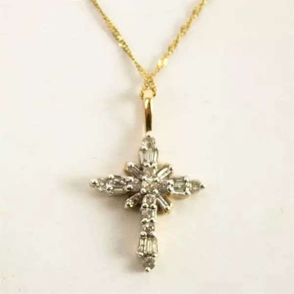 10K White Gold CZ Cross Pendant with 12" Chain