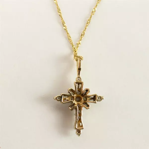 10K White Gold CZ Cross Pendant with 12" Chain