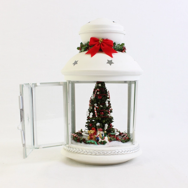 Christmas White Lantern Resin & Glass 8.25" Tall