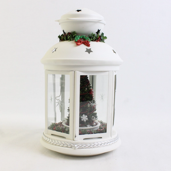 Christmas White Lantern Resin & Glass 8.25" Tall