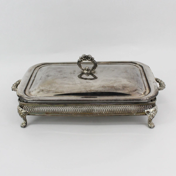Vtg Marinex Glass Casserole Dish In Silver Plated Stand With Lid And Handles 