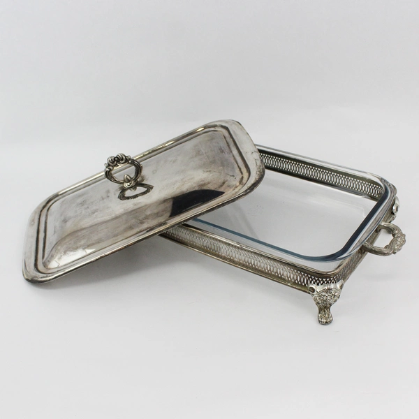Vtg Marinex Glass Casserole Dish In Silver Plated Stand With Lid And Handles 