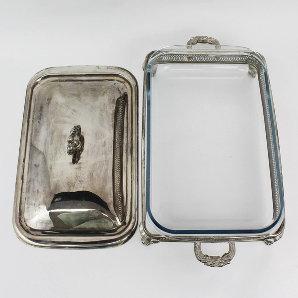 Vtg Marinex Glass Casserole Dish In Silver Plated Stand With Lid And Handles 