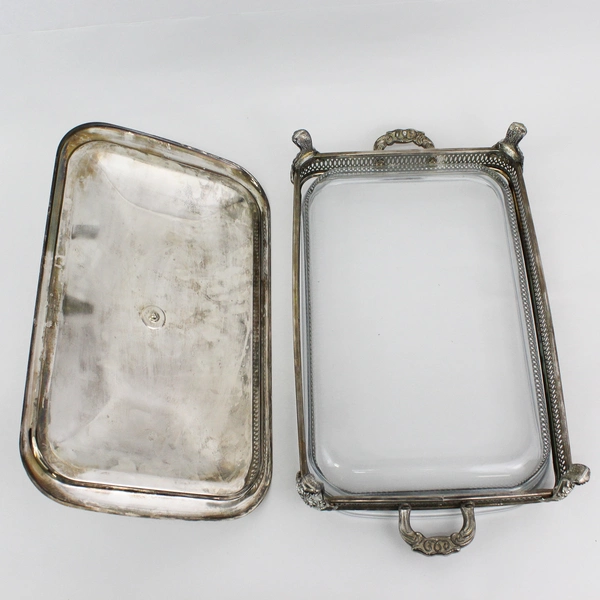 Vtg Marinex Glass Casserole Dish In Silver Plated Stand With Lid And Handles 