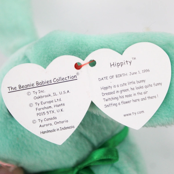 TY Beanie Babies Hippity 1996 Green Bunny Green Ribbon With Tag Plush Toy