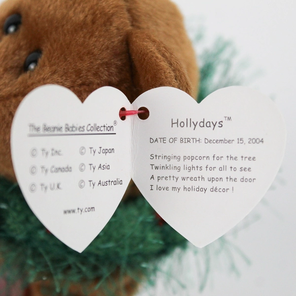 TY Beanie Babies Hollydays 2005 Brown Bear W/ Wreath W/ Ear Tag Error 2004 Plush