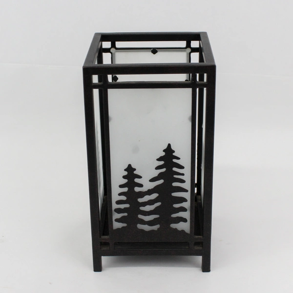 PartyLite Frosted Glass Pillar Candle Holder Moose Trees Black Metal