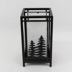 PartyLite Frosted Glass Pillar Candle Holder Moose Trees Black Metal