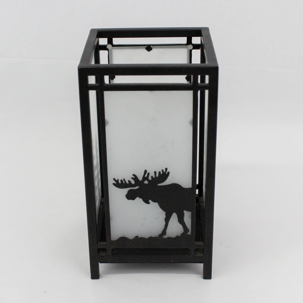 PartyLite Frosted Glass Pillar Candle Holder Moose Trees Black Metal