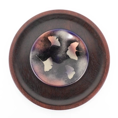 7" Cobalt Blue Hand Painted Ginkgo Pattern Plate Mounted On Round Wood Plaque