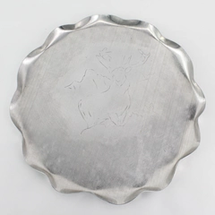 Vintage 15.75" Scalloped Rim Round Aluminum Tray With Engraved  Elk