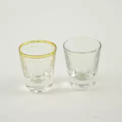 Lot of 2 Clear Glass Shot Glasses Gold Rim & Plain Barware