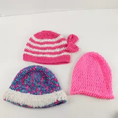 Lot of 3 Women's Handmade Crochet Knit Winter Hats Pink White Blue