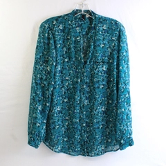 Kut from the Kloth Women's M Sheer Blue Floral Button Up Blouse Roll Tab Sleeves