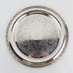 Oneida Engraved Silver Plated Round Serving Tray Embossed Floral Rim 15 Inch