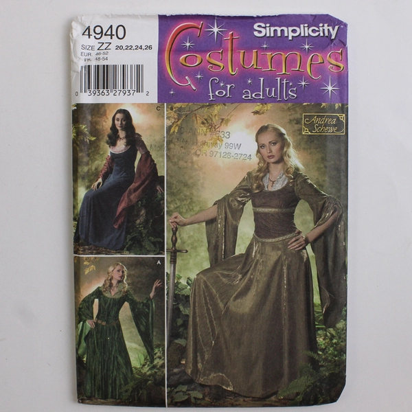 Simplicity Andrea Schewe 4940 Costumes For Adults Womens Sz ZZ (20, 22, 24, 26)