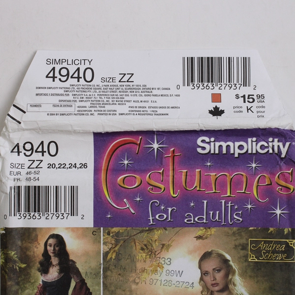 Simplicity Andrea Schewe 4940 Costumes For Adults Womens Sz ZZ (20, 22, 24, 26)