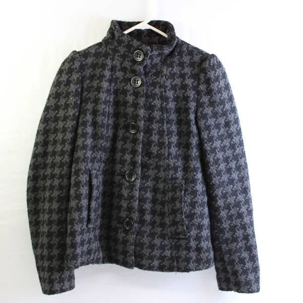 D Casual Gray and Black Houndstooth Stand Collar Pea Coat Women's XS