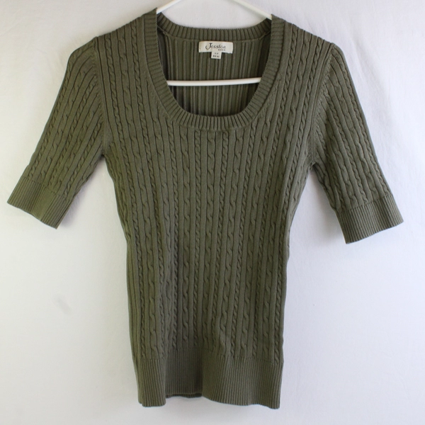 Jessica Sport Olive Green Cable Knit Half-Sleeve Top Women's Size Small 6-8
