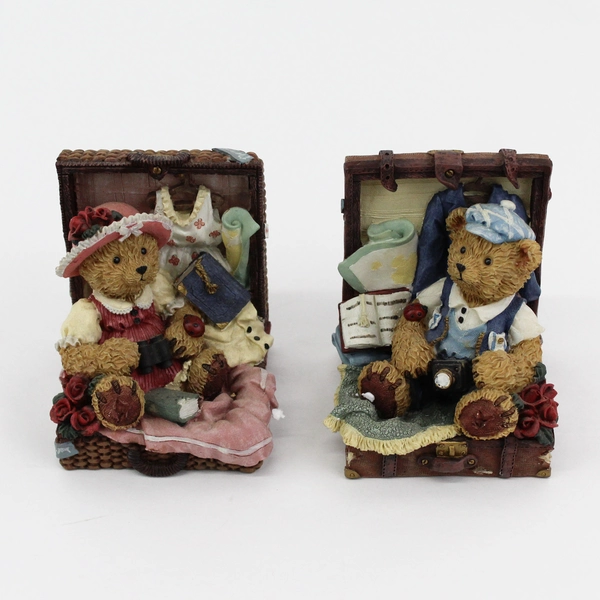 Vintage Resin Teddy Bears In Suitcases Book Ends