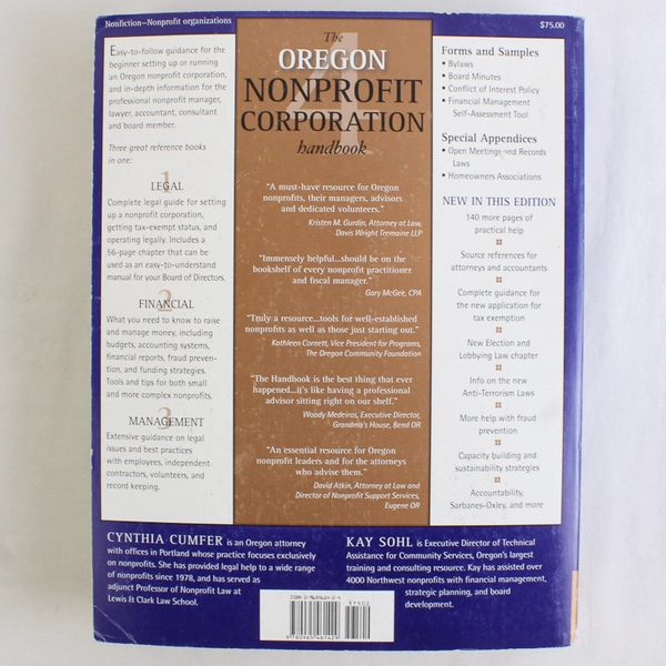 The Oregon Nonprofit Corporation Handbook by Cynthia Cumfer Kay Sohl 4th ED PB