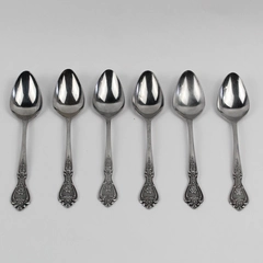 Set of 6 Vintage Normandy Rose Pattern Stainless Steel Oval Soup Spoons