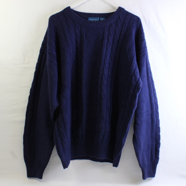 Vintage Towncraft Men's L Dark Blue Acrylic Cable Knit Pullover Sweater
