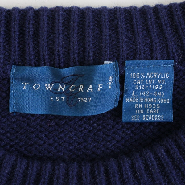 Vintage Towncraft Men's L Dark Blue Acrylic Cable Knit Pullover Sweater