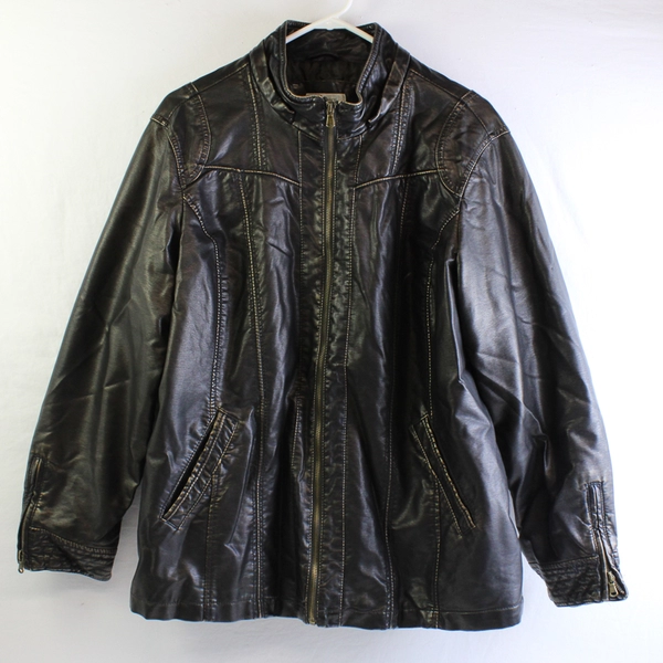 Dressbarn Women's 14/16 Oil Slick Dark Brown Faux Leather Zip Up Jacket