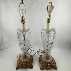 Set of 2 Vintage Etched Victorian Glass Spear Prism Table Lamps Brass 