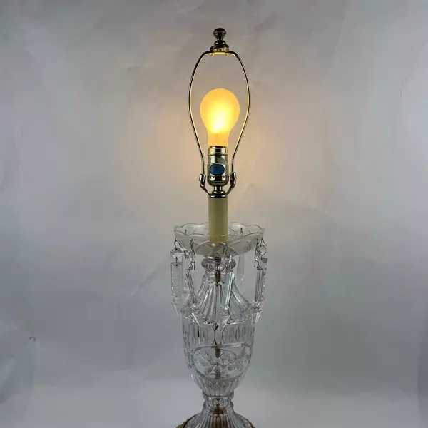 Set of 2 Vintage Etched Victorian Glass Spear Prism Table Lamps Brass 