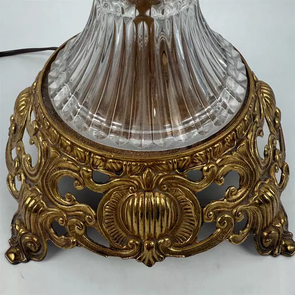 Set of 2 Vintage Etched Victorian Glass Spear Prism Table Lamps Brass 