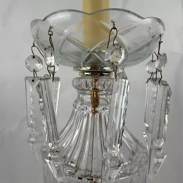 Set of 2 Vintage Etched Victorian Glass Spear Prism Table Lamps Brass 