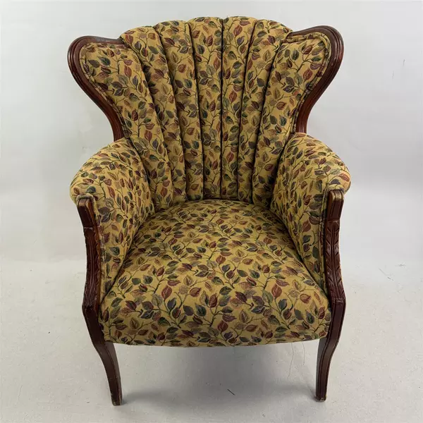 Vintage Yellow Leaf Patterned Upholstered Fan Back Chair