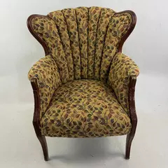 Vintage Yellow Leaf Patterned Upholstered Fan Back Chair