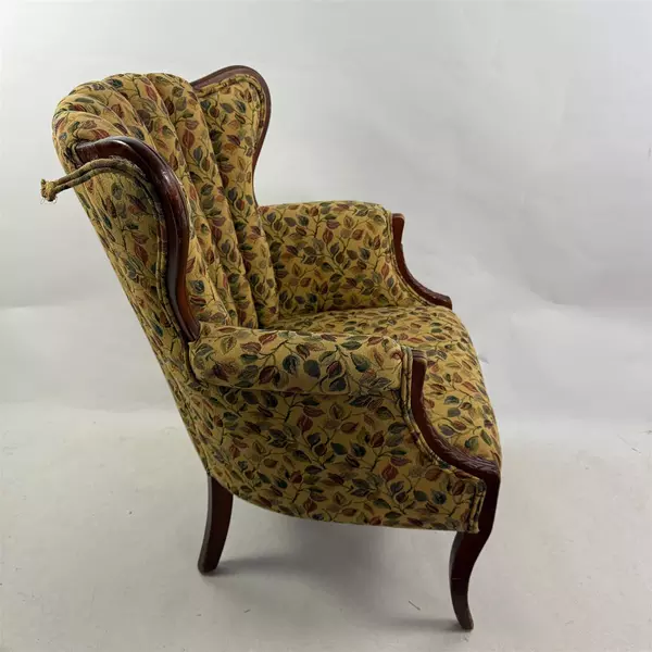 Vintage Yellow Leaf Patterned Upholstered Fan Back Chair