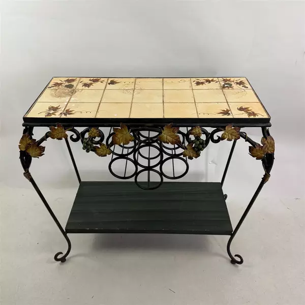Vintage Wrought Iron Tile Top Table Wine Rack With Bottom Shelf